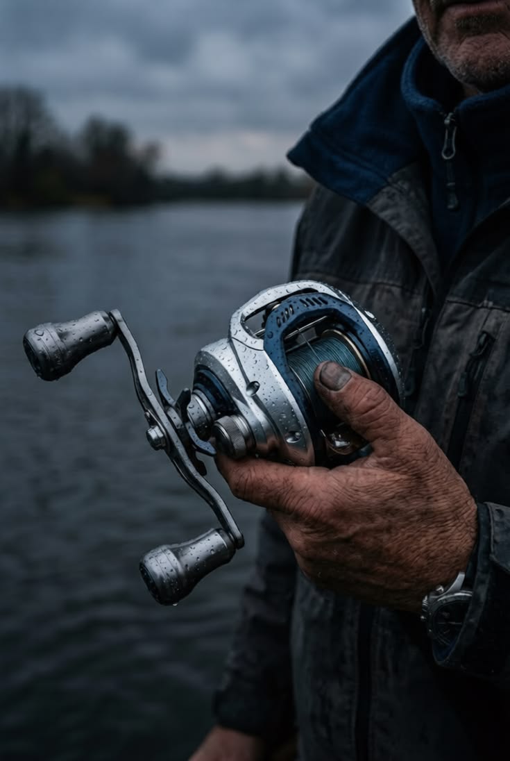 Pescador segurando vara e carretilha